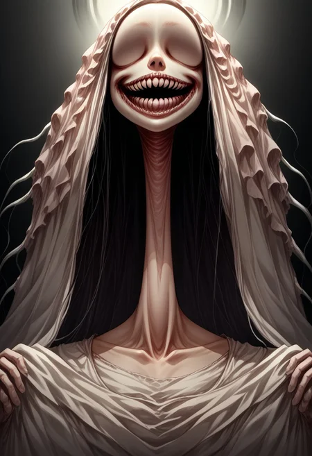 score_9, score_8_up, score_7_up, source_anime, solo, Nightmarish Jessica Rabbit, (looking towards the viewer, face view, close up face, head shot, face portrait:1.4), (long arms, long legs, long neck, horror, no eyes, no face, large mouth, creepy smile, skinny, bones, Victorian gown:1.5), close face view, (indirect lighting, dynamic lighting:1.4), simple background, (detailed image, high resolution, 5k resolution:1.0), VikingAnime, (cute Art Style:1.2)