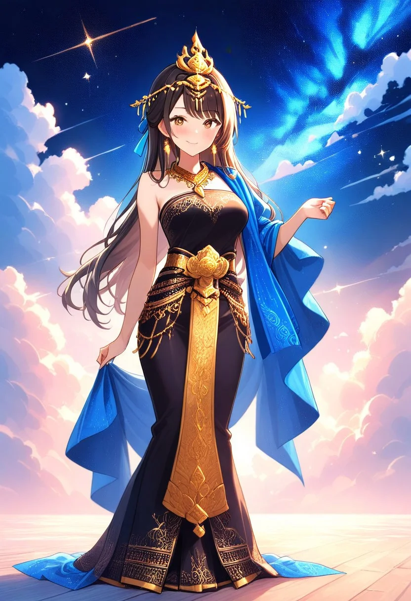 gorgeous lips, cinematic, (masterpiece), (best quality), (ultra-detailed), very aesthetic, illustration, perfect composition, intricate details, absurdres, detailed face, (anime, masterpiece, intricate:1.3), (best quality, hires textures, high detail:1.2), perfect hands, brown eyes, 1girl, very long black hair,straight hair, half ponytail, blue ribbons, side bangs, medium breasts, perfect eyes, 8k, highest quality, ultra details,1girl, solo, perfect brown eyes ,red and gold Chut Thai Dress, Sabai Shawl over right Shoulder, Shawl hanging straight down, Left Shoulder Bare, bare arms, Sinh Skirt,Ornate Gold Thai Belt, Gold Thai headpiece, Gold Bangles, Gold earrings, Gold Necklace,(standing, surrounded by clouds:1.3), starry clouds, starry night, night time, summer season, glistening sparkles, soft lighting, deep vivid colors, soft lighting, blush, (wink:1.2), happy, smile, looking at the viewer, sparkling eyes, model,full body shot, large mountain behind her, brush strokes background