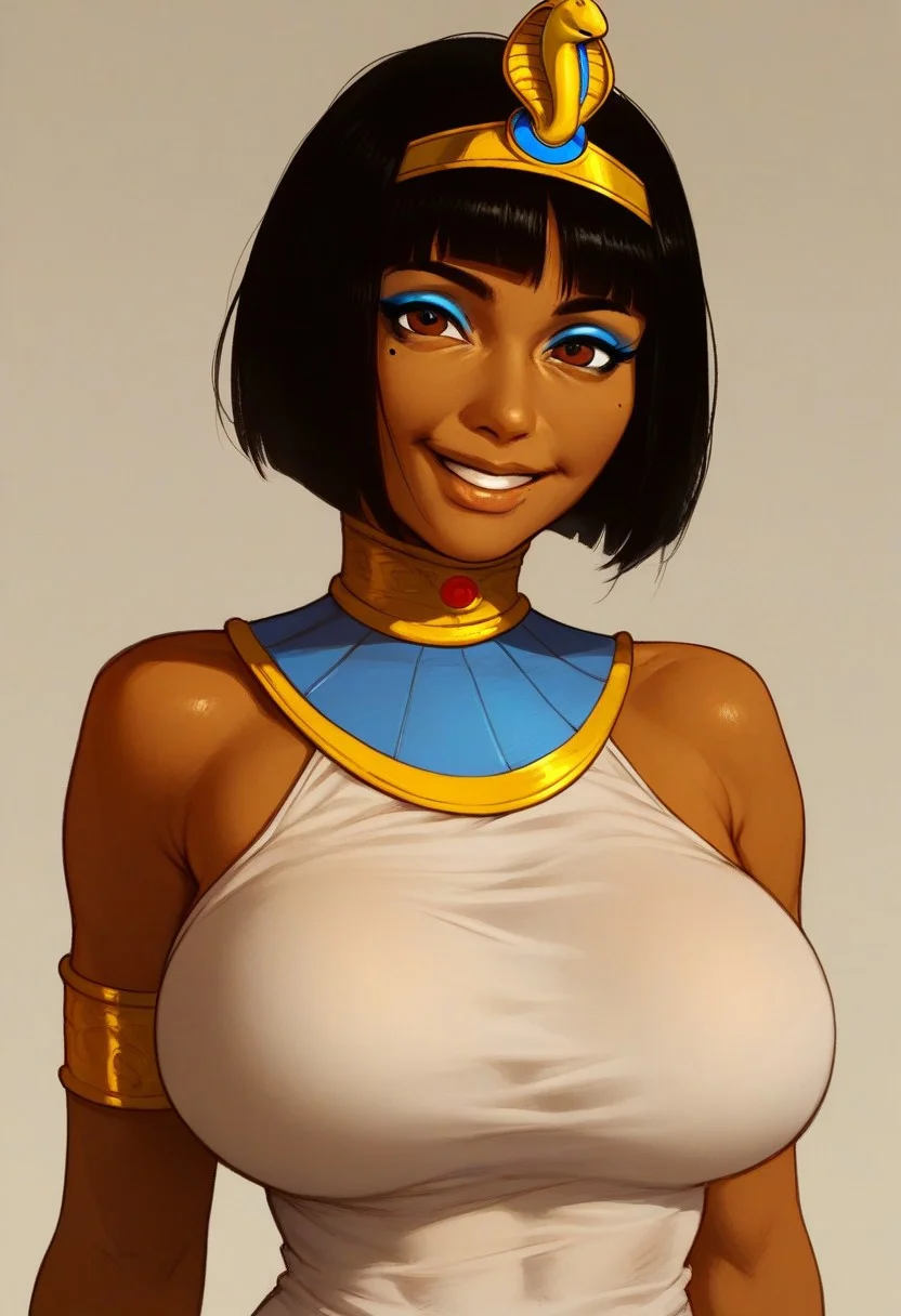 score_9, score_8_up, score_7_up, (1girl, solo, opala, dark-skinned female, egyptian female, caramel skin, big breasts, black hair, bangs, bob cut, brown eyes, blue eyeshadow, circlet, armlet, choker, white dress, beauty mark, seethrough clothes,), breast portrait, happy, smile, voluptuous female, fit female, simple background, front view,