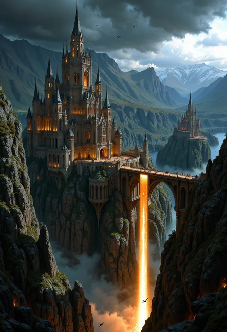 a grand, gothic-style castle perched atop a narrow bridge spanning a deep chasm. The castle is intricately detailed with numerous spires and towers, illuminated by a warm, golden light that contrasts with the dark, stormy sky above. The structure is surrounded by jagged cliffs, and a glowing waterfall cascades into the fiery depths below, creating a dramatic and mystical atmosphere. In the background, another similar castle is visible, adding depth to the scene. The overall color palette is dominated by dark blues and grays, with highlights of orange and gold, enhancing the fantastical and otherworldly feel of the composition. Small flying creatures can be seen in the sky, adding to the sense of scale and wonder.