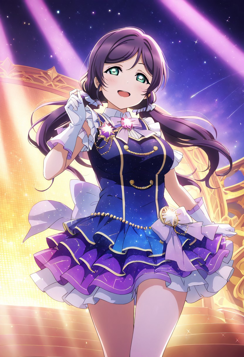 masterpiece, best quality, solo, 1girl, aged up, happy, large breasts, 
 nozomi_toujou, toujou_nozomi, long hair, purple hair, low twintails, scrunchie, green eyes, celestial-themed idol costume, gradient galaxy-print dress, silver moon brooch, layered skirt, stardust gloves, floating stage surrounded by constellations, glowing moonlight, soft cosmic mist, calm smile, cosmic and graceful aura