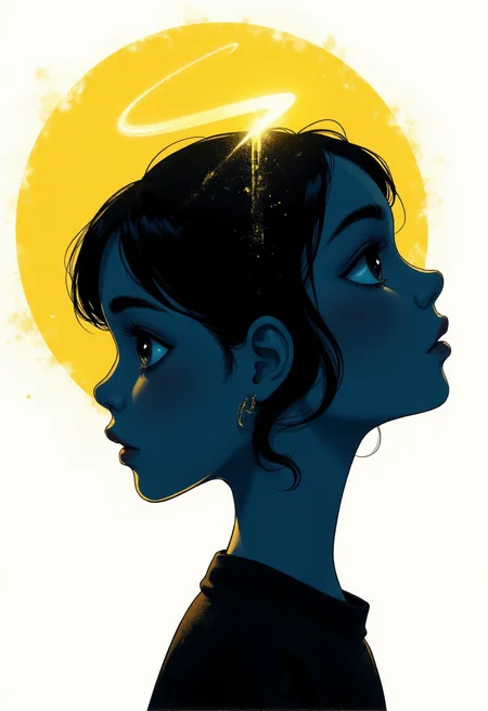 silhouette style a blue girl with gold angel halo head, in the style of neon realism, darkly romantic illustrations, dark white and yellow, solapunk, i can't believe how beautiful this is, simplistic cartoon, brooding mood 
 <lora:flux.1_lora_flyway_Epic-detail_v2:0.5> <lora:Midjourney_-_SemiReal_Dreams_FLUX_LoRA:1>  <lora:DarksunRIDDV3:0.3> . high contrast, minimalistic, black and white, stark, dramatic