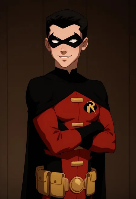 score_9, score_8_up, score_7_up, highly detailed, cute boy, 1boy, solo, timdrakeyj, red outfit, robin symbol, black cape, utility belt, domino mask, black hair, smile, arms crossed