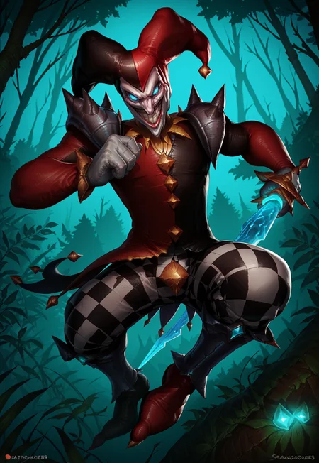 score_9_up, score_8_up, score_7_up, solo, 1boy, lol_sh@co, white skin, glow blue eyes, pointy nose, grin, jester cap, pauldrons, jester jacket, white gloves, pants, boots, holding daggers, running towards viewer, night forest,
