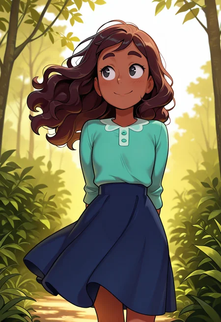 masterpiece, best quality, very aesthetic, absurdres, cartoon, 1 girl, solo, Connie_Maheswaran, dark-skinned, long hair, wavy hair, brown hair, black eyes, teal blouse, blue skirt, smile, on the nature, wind, hands behind body,
<lora:Smooth_Booster_v2:0.3>, <lora:Connie_Maheswaran_SU__Illustrious:1>, <lora:TheOtherHalf_pXL:1>