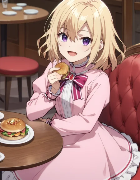 score_9, score_8_up, score_7_up, source_anime, BREAK
1girl, looking at viewer, solo, eating, happy, open mouth, holding food, restaurant, blurry background, sitting, table,
jill cervel (yariryuu), short hair, blonde hair, hair between eyes, dark purple eyes,
pink dress, frills, striped bow, jewelry, long sleeves, puffy sleeves,
<lora:jill_cervel-yariryuu_s1_v2-anime-soralz:1>