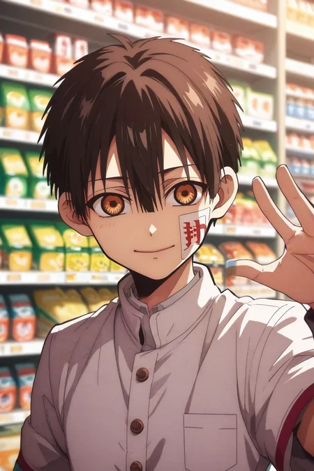 score_9, score_8_up, score_7_up, source_anime, rating_safe, intricate details, , looking at viewer, depth of field, 1boy, solo, male focus, <lora:hanako-kun_pony:0.92>, hanako-kun, black hair, brown eyes, short hair, hair between eyes, bangs, , ofuda, cowboy shot, store, convenience store, day, clouds, waving, light smile, , <lora:sdxl_lightning_8step_lora:1>