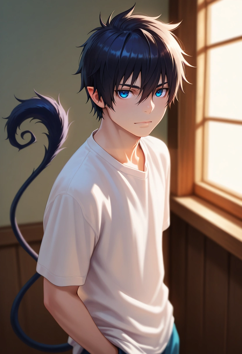 masterpiece, best quality, , semi-realistic, looking at viewer, depth of field, 1boy, solo, male focus, <lora:rin_okumura_ilxl:0.98>, rin_okumura, black hair, blue eyes, short hair, hair between eyes, , tail, , , khakis,