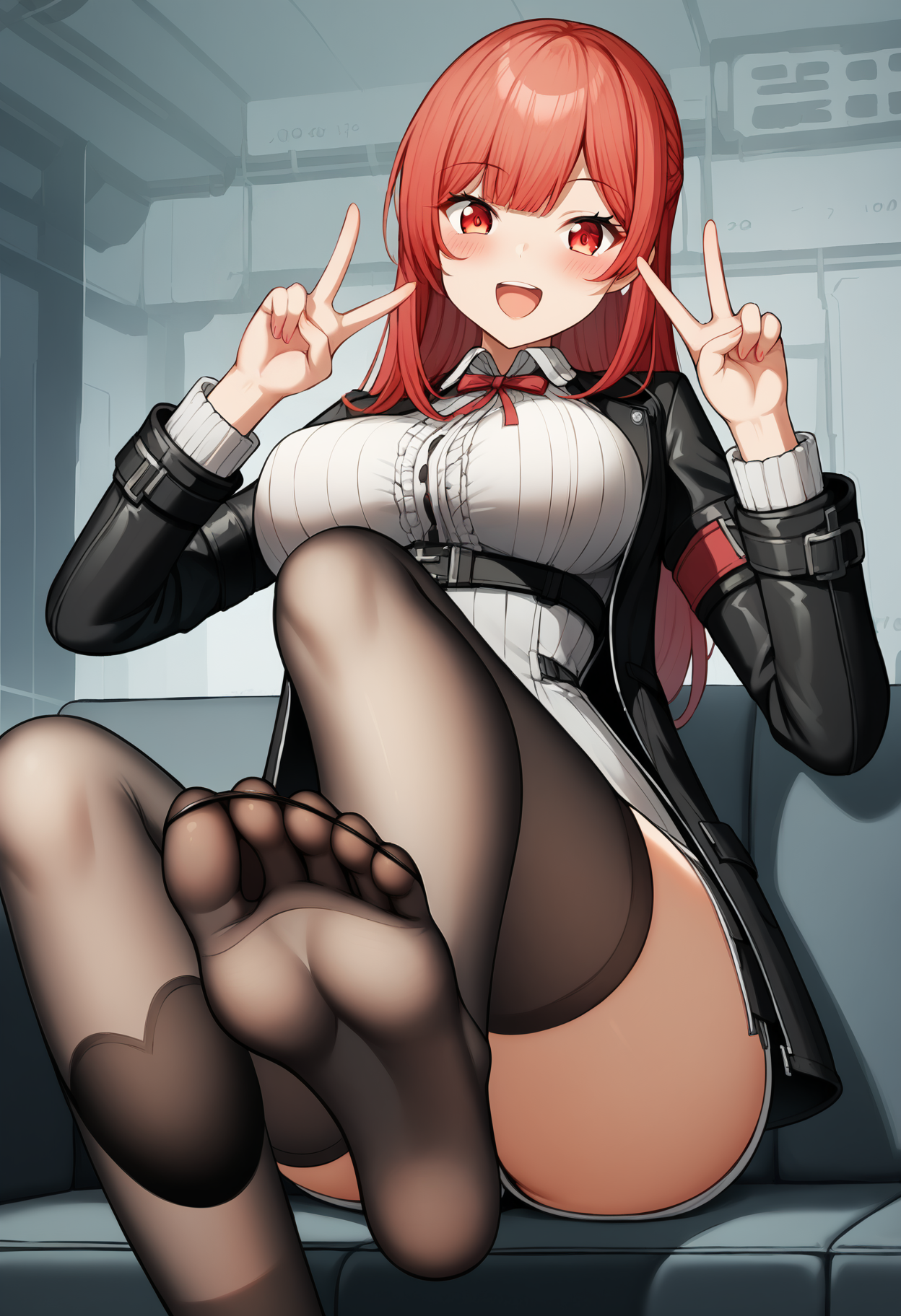 score_9, score_8_up, score_7_up,source_anime,anatomically correct,best perspective BREAK
 <lora:GF2style-000004:1.5> gf2style, 
1girl, red hair, greem eyes, long hair, large breasts, leather jacket, black thighhighs,   double V, open mouth, happy, blush, 
feet, foot focus, sitting