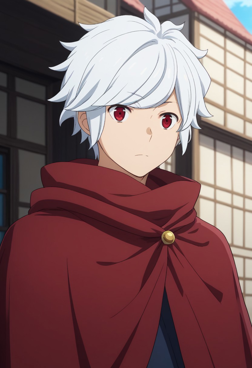 score_9, score_7_up, source_anime 
belcranel, 1boy, male focus, solo, white hair, red eyes, cloak, red cloak, upper body,
outdoor, village,