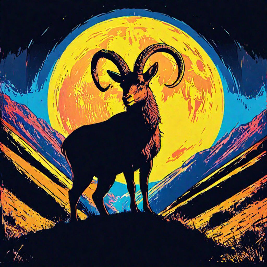 1 walia ibex standing on top of a cliff under 1 while moon, black silhouette against while moon, black cliff, dark blue sky,
