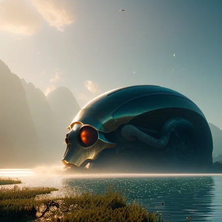scenery of a cabin at the shore of a lake with dust particles reflecting sunlight with giant skull formed alien ship laying at the middle of the lake in the style of beeple and mike winkelmann and dan mumford, mystical colors, rim light, beautiful lighting, 8k, stunning scene, raytracing, octane, trending on artstation, cinematic, hyperrealism, octane render, cinematic light, macro, depth of field, bokeh, 8k, medium-format print, full-color print, beautiful composition, intricate details, high resolution, artstation 4k ultra hd, masterpiece, 8k, intricate, detailed, photorealistic 8k image,