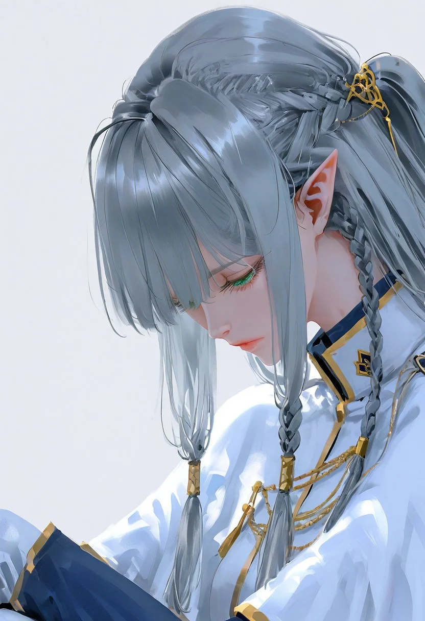 <lora:Tessia_Eralith__The_Beginning_After_the_End__Illustrious_v1-000008:1>
1 girl, solo, elf, pointy ears, green eyes, grey hair, braid, side braid, french braid, hair bettween eyes, bangs, long hair, ahoge
uniform, white capelet, white shirt, long sleeves, blue skirt, thigh boots, hair ornament, ring, jewelry
, simple background, gray background, eyelashes, looking down, half-closed eyes, portrait, close-up, long eyelashes,
wlop, nhl-001, limited palette, realistic <lora:noobai_ep11_stabilizer_v0.138_fp16:0.3> <lora:NOOB_vp1_detailer_by_volnovik_v1:0.3> <lora:nhl-002-nai:0.7> <lora:nhl-001-20:0.8> <lora:XXX667:0.6>
