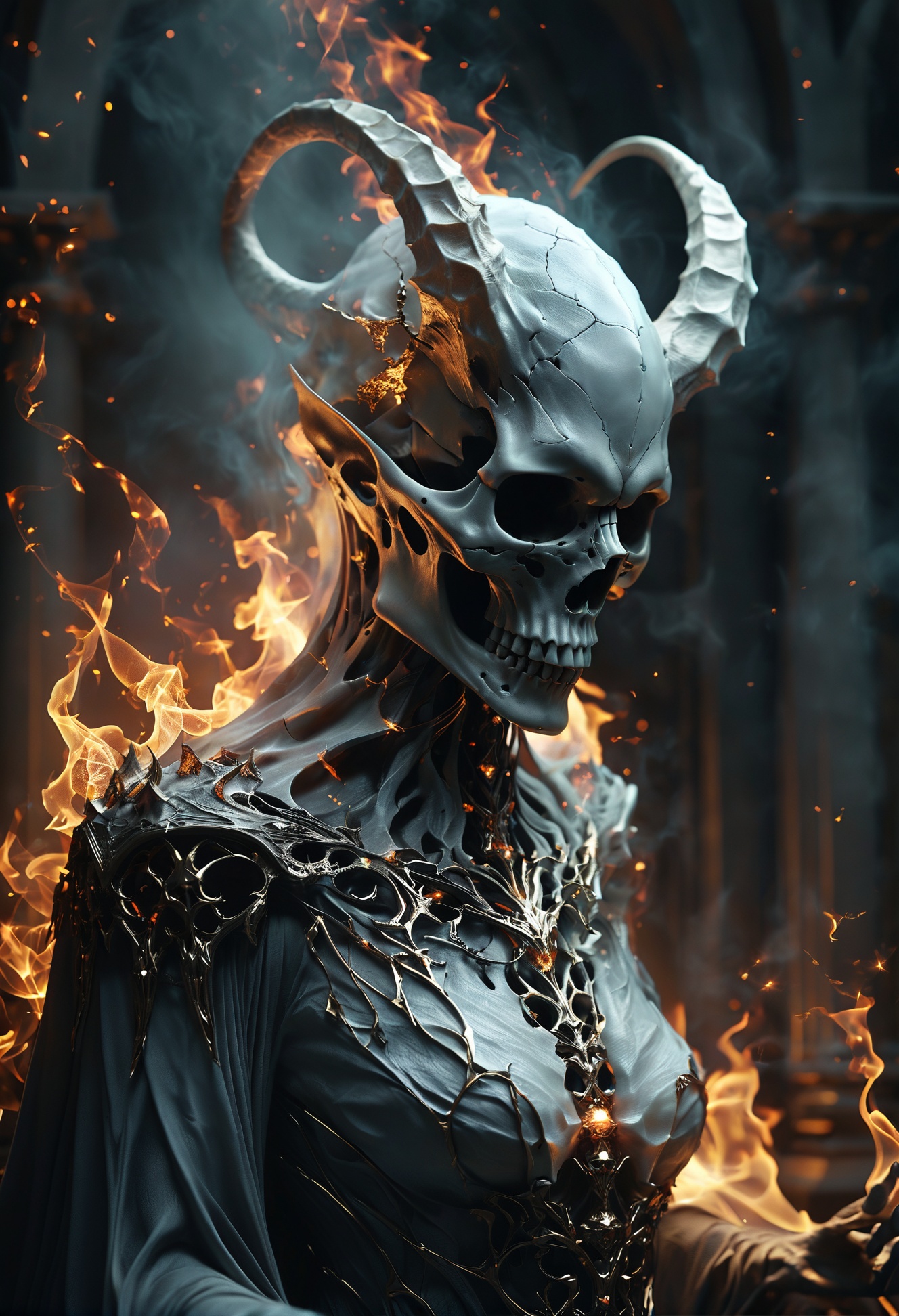 macabre style, (TQCelestialFantasy, TQ Celestial Fantasy), Angelcore aesthetics, an ethereal gloomy portrait of a lone figure, devilish, horns, fire tendrils, skull, sparks, voronoi fractures, particle system, liminal fog, bokeh, complimentary colors, stunning background. dark and moody, a mesmerizing blend of light and shadow. masterpiece, absurdres, intricate details <lora:TQCelestialFantasy:0.8>, dark, gothic, grim, haunting, highly detailed