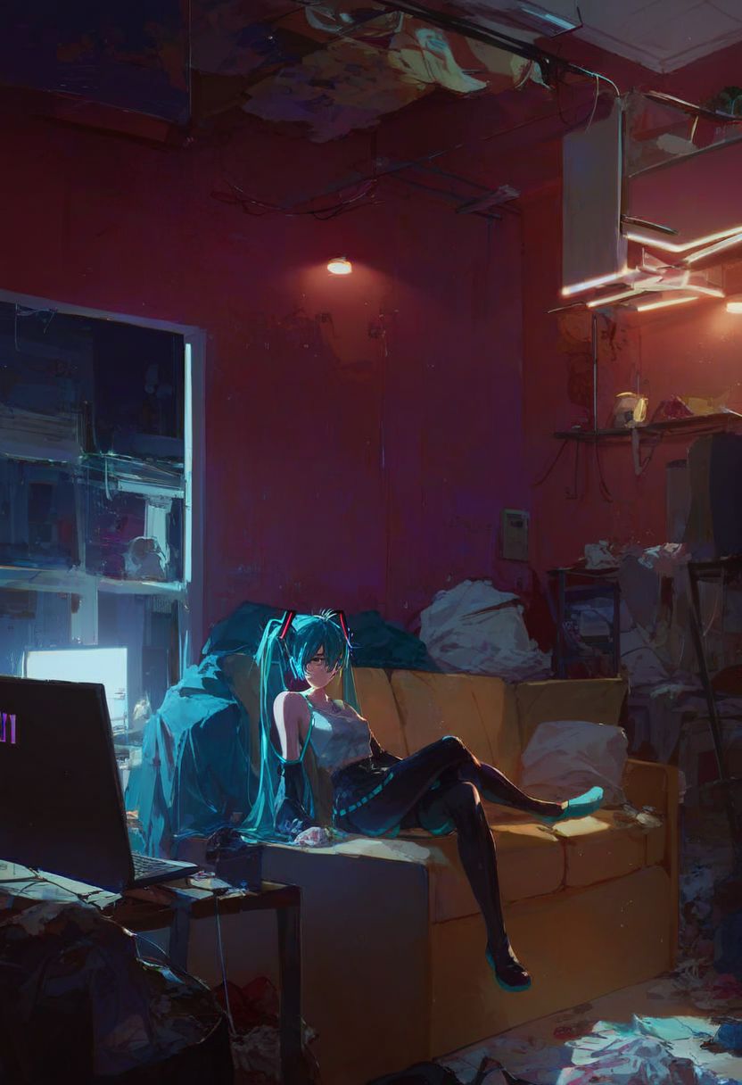 score_9, score_8_up, highres, 1girl, hatsune miku, bob hair expressionless, sitting, crossed legs,  indoors, night, on couch, messy room, trash, computer,