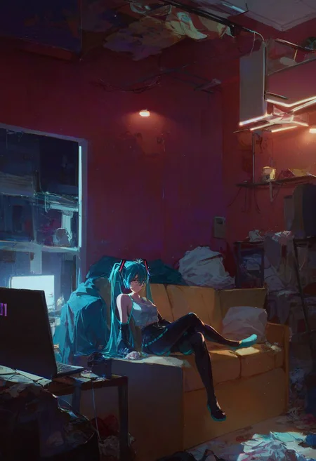 score_9, score_8_up, highres, 1girl, hatsune miku, bob hair expressionless, sitting, crossed legs,  indoors, night, on couch, messy room, trash, computer,