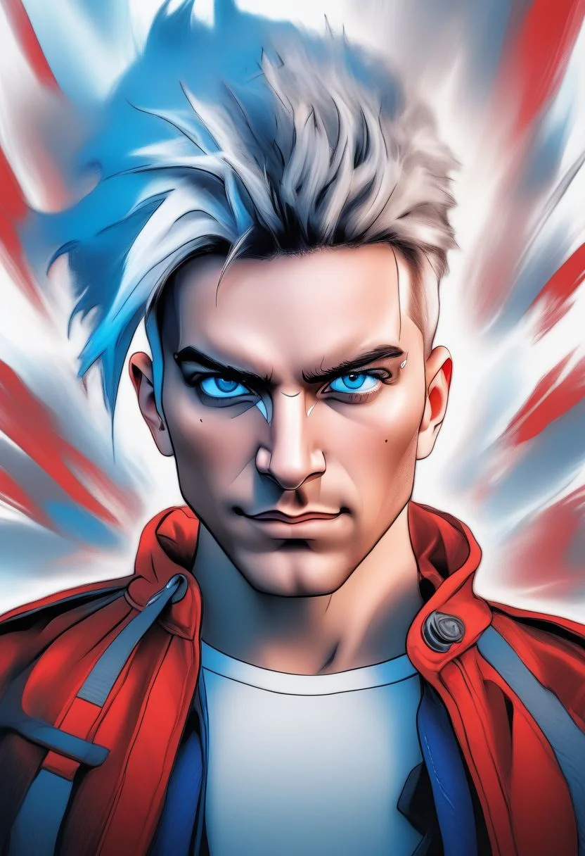 Duskfallcrew Art Style, solo, blue eyes, shirt, 1boy, white background, blue hair, jacket, male focus, open clothes, pants, hood, hair over one eye, red jacket, grimace, frustrated look, masterpiece, official art, best quality,