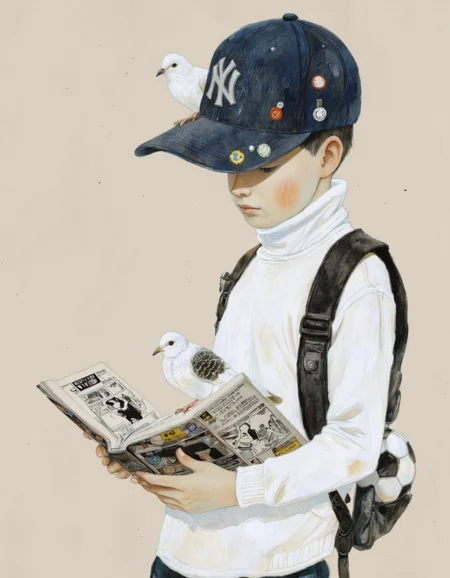 By Taiyo Matsumoto. A digital drawing with a minimalist, almost surreal style. It features a young boy with short, dark hair wearing a white turtleneck sweater and a dark blue baseball cap adorned with various small, colorful pins and patches. The cap has a white "NY" logo and a small, round red pin with a white smiley face. He is holding an open comic book in his hands, which has a black and white interior with detailed illustrations and text. Perched on the cap is a small white pigeon, seemingly unperturbed and looking directly ahead. The boy is also carrying a black backpack with a white soccer ball attached to the front. The background is a plain, light beige color, providing a neutral backdrop that highlights the subject. The overall composition is simple yet striking, with a focus on the boy's quiet, contemplative pose and the whimsical presence of the pigeon. The textures are soft and smooth, with subtle shading adding depth to the characters and objects. The drawing exudes a serene, almost dreamlike atmosphere, capturing a moment of quiet reflection and curiosity. <lora:Taiyo_Matsumoto-000008:1>