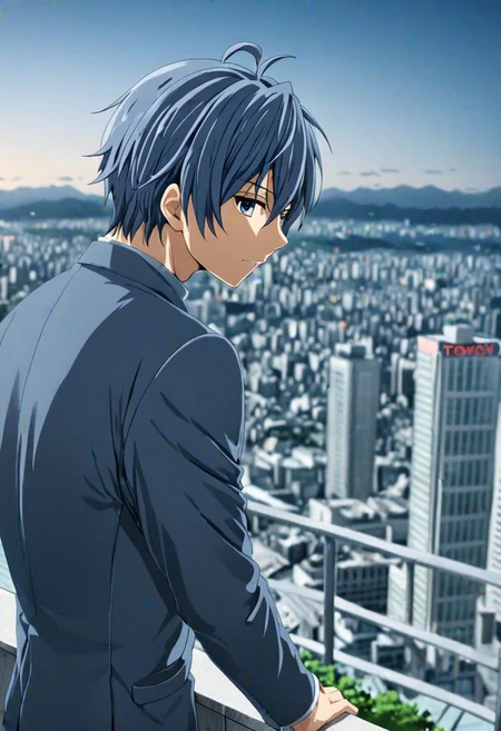 high resolution, solo, best quality, 1Boy, Tomoya Okazaki, Grey Blue Hair, high-rise, top of building, landscape, shallow depth of field, OverallDetail