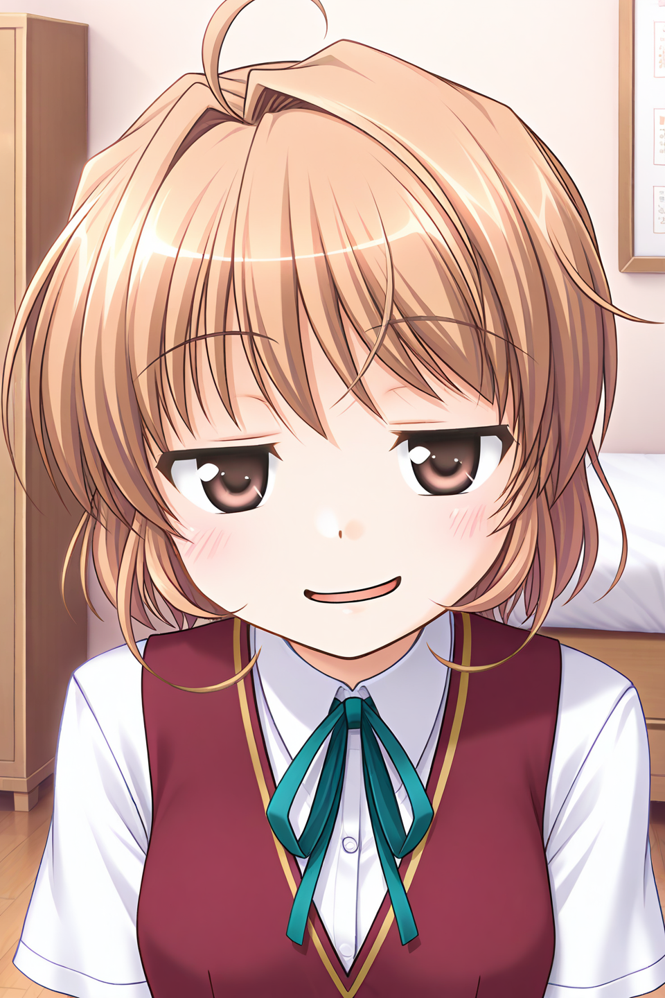 masterpiece, best quality, absurdres, official art, official style, rating general BREAK <lora:yuukikanade_IL_v1-1:0.7>, yuuki kanade, 1girl, solo, brown eyes, ahoge, light brown hair, short hair, hair intakes, small breasts, no headwear, school uniform, summer uniform, red vest, collared shirt, short sleeves, neck ribbon, aqua ribbon, indoors, bedroom, portrait, upper body, close-up,
blush, doyagao, looking at viewer, open mouth, parody, smirk, smug, rectangular mouth, parted lips