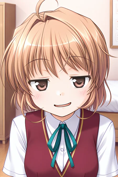masterpiece, best quality, absurdres, official art, official style, rating general BREAK <lora:yuukikanade_IL_v1-1:0.7>, yuuki kanade, 1girl, solo, brown eyes, ahoge, light brown hair, short hair, hair intakes, small breasts, no headwear, school uniform, summer uniform, red vest, collared shirt, short sleeves, neck ribbon, aqua ribbon, indoors, bedroom, portrait, upper body, close-up,
blush, doyagao, looking at viewer, open mouth, parody, smirk, smug, rectangular mouth, parted lips