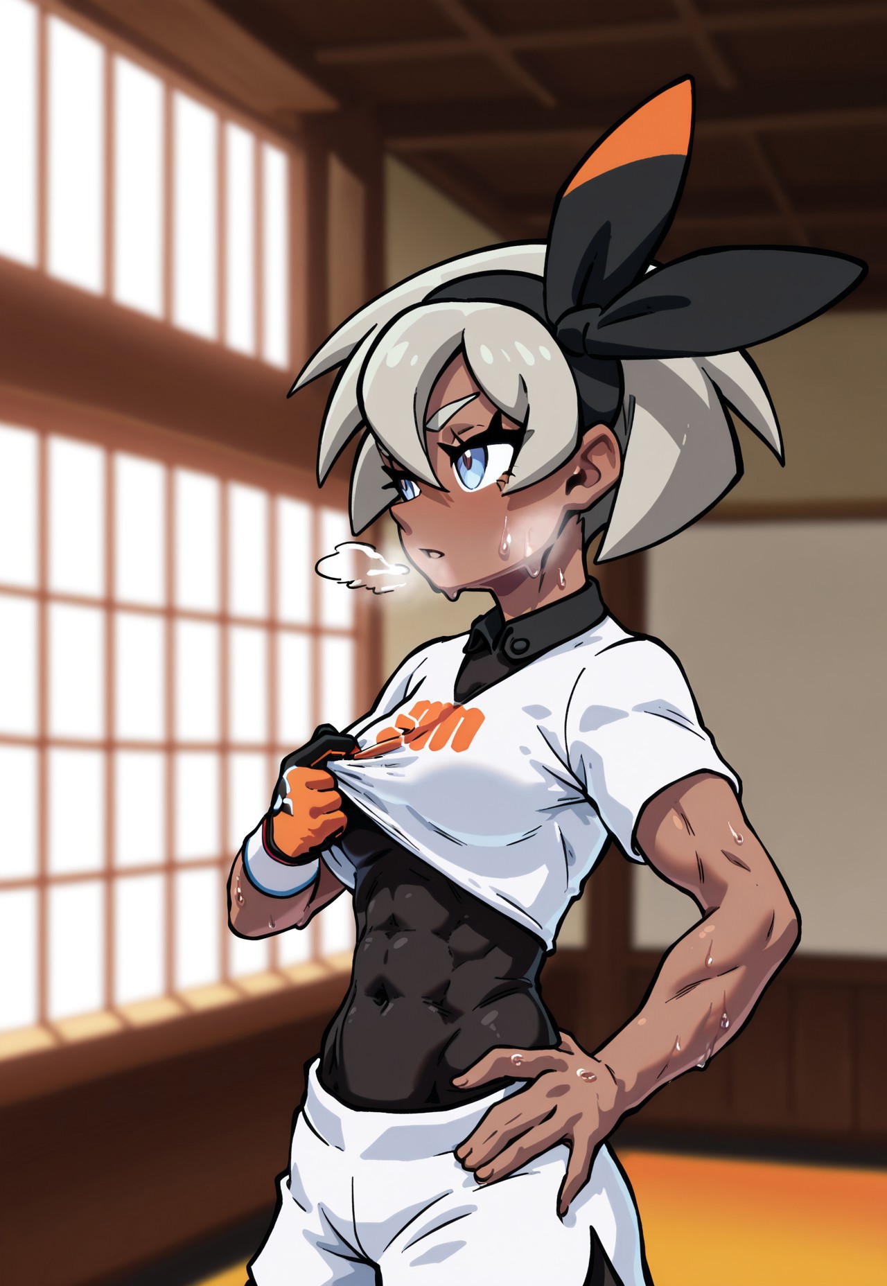 masterpiece, best quality, amazing quality, very aesthetic, absurd res, FTW_Style, thick lines, dynamic lighting, 1girl, solo, bea \(pokemon\), toned female, covered abs, blue eyes, dark skin, dark-skinned female, grey hair, hair between eyes, short hair, ribbon, hair ribbon, hairband, black ribbon, black hairband, bodysuit, covered navel, shorts, single glove, glove, crop top, white shirt, short sleeves, collar, white shorts, small breasts, one hand pulling on own bodysuit neckline, one hand on hip, furrowed eyebrows, sweat, sweat dripping off body, drenched in sweat, breath, heavy breathing, steam, side view, looking away, dojo, traditional dojo, indoors