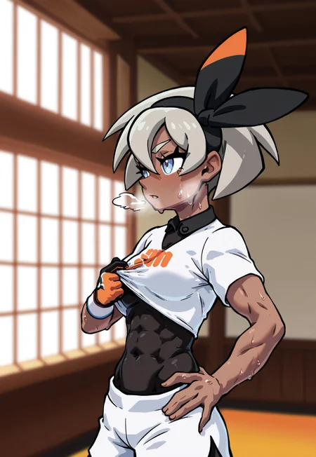 masterpiece, best quality, amazing quality, very aesthetic, absurd res, FTW_Style, thick lines, dynamic lighting, 1girl, solo, bea \(pokemon\), toned female, covered abs, blue eyes, dark skin, dark-skinned female, grey hair, hair between eyes, short hair, ribbon, hair ribbon, hairband, black ribbon, black hairband, bodysuit, covered navel, shorts, single glove, glove, crop top, white shirt, short sleeves, collar, white shorts, small breasts, one hand pulling on own bodysuit neckline, one hand on hip, furrowed eyebrows, sweat, sweat dripping off body, drenched in sweat, breath, heavy breathing, steam, side view, looking away, dojo, traditional dojo, indoors