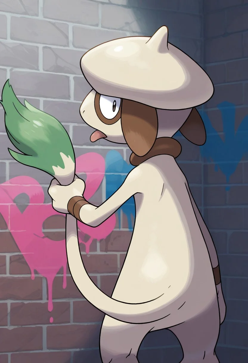 sugimori ken, pokemon, official art,
best quality, masterpiece, amazing quality, very aesthetic, absurdres,
solo, no humans, furry male,
male focus, animal focus,
cowboy shot, from behind,
smeargle, pokemon \(creature\), feral,
holding, tail grab, painting \(action\), paint,
looking back, tongue,
outdoors, brick wall, graffiti