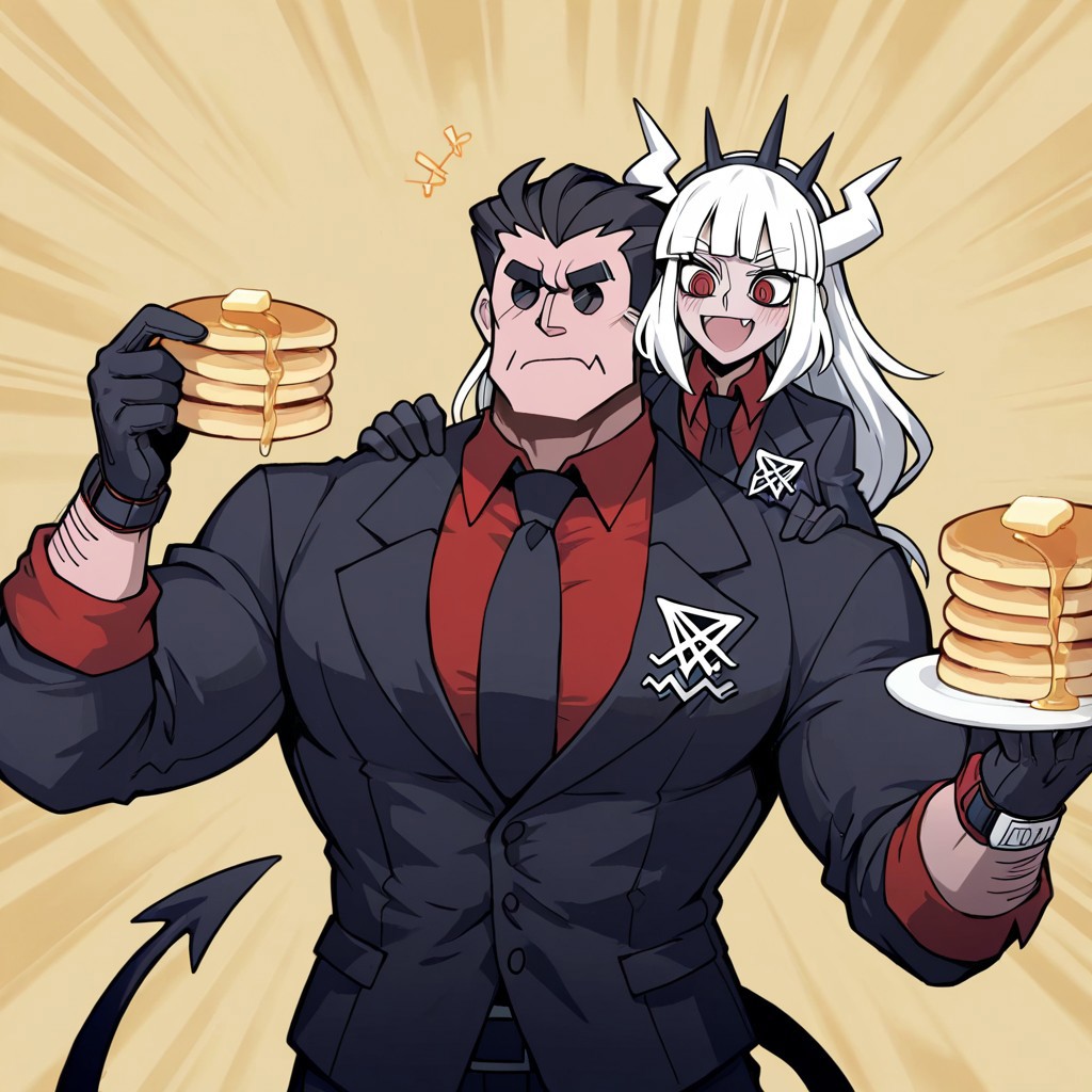 masterpiece, best quality, newest, absurdres, highres, anime, anime style, 1boy, helltaker (helltaker), black hair, short hair, muscular, muscular male, PRC-V1.0, piggyback, carrying, holding, holding pancake, pancake,
1girl, lucifer (helltaker), black suit, red necktie, black collared shirt, black gloves, blunt bangs, demon horns, demon girl, demon tail, red eyes, white hair, long hair
holding, holding pancake, pancake,