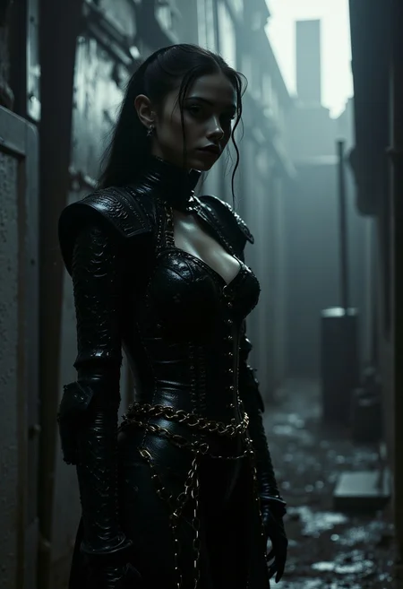 Gothic-inspired art featuring a figure in detailed, medieval-style armor with gold accents, standing in a dark, moody cyberpunk cityscape. The high contrast and dramatic lighting create a richly textured, atmospheric scene, with sharp shadows and intricate details. The composition is captured with no depth of field, ensuring every element is sharply defined.