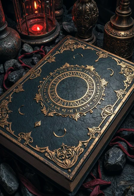 Dark fantasy artwork capturing the essence of a closed forsaken spellbook featuring an enchanted code on its intricate metal-clad cover, kept within a crystal cage. Set in a forbidden tomb, With an intimidating tension pronouncing the flickering glow of the scenery; selective color scheme with intense blood red accents, intense contrast, ethereal, darkly whimsical, masterpiece, atmospheric
