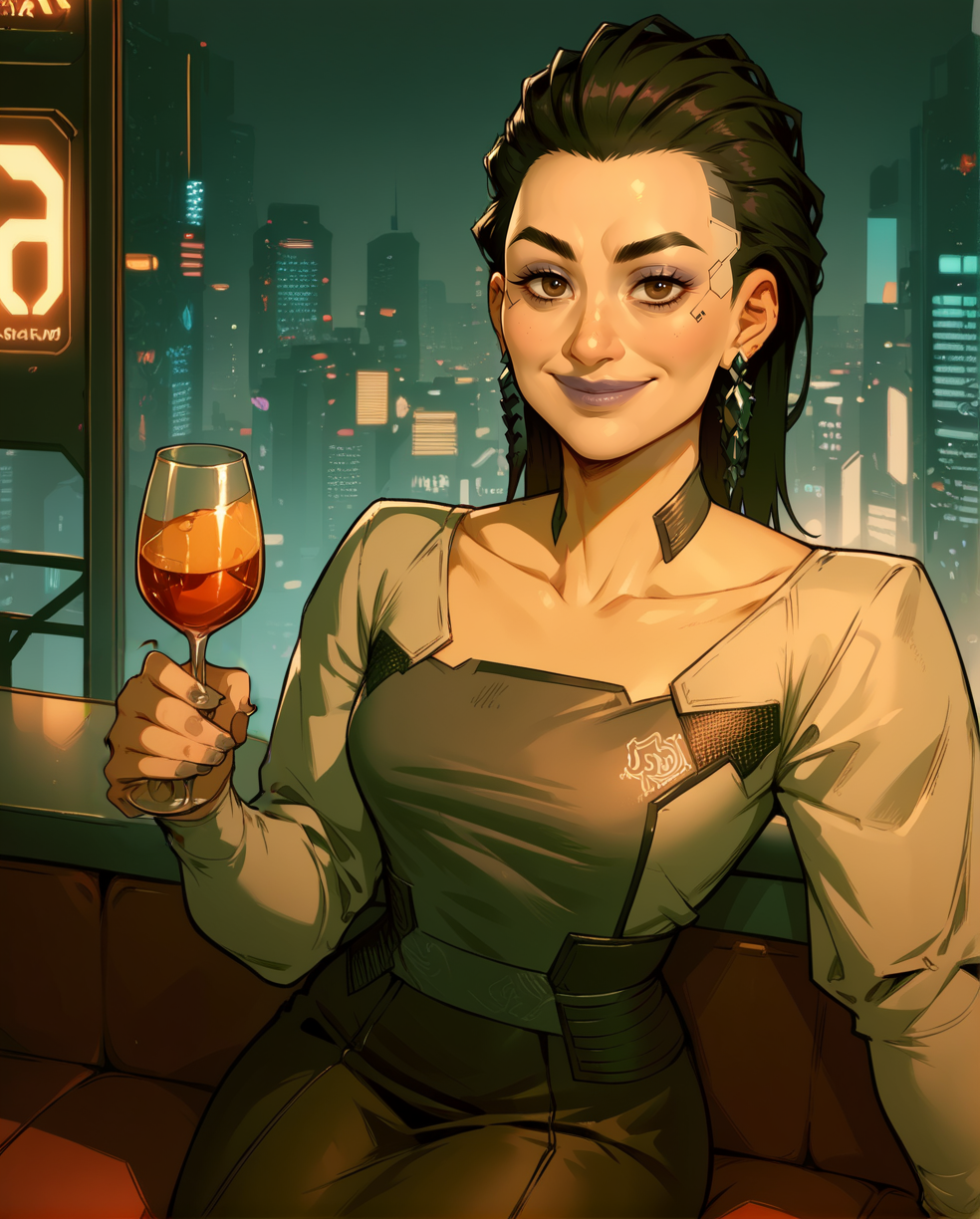 score_9,score_8_up,score_7_up,
elizabeth,brown eyes,black hair,hair slicked back,makeup,
earrings,long sleeves,dress,holding drinking glass,
looking at viewer,smile,
sitting,
fancy bar,cyberpunk,cityscape,
<lora:ElizabethPeralezcp077-10:0.8>,