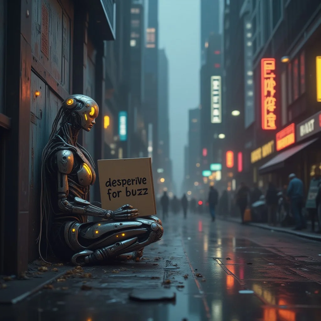 (Masterpiece:1.4), (best quality:1.2), (vivid colors), cyberpunk, cyberpunk style, shadowed lighting, dull color, digital art, gray and matte colors, selective brightness, easynegative, neon lights, rainy city streets, view down a dirty street, trash, humanoid robot sitting  on the ground against a wall holding cardboard sign says: "desperate for buzz", dirty, sparking, scarred exterior, Post apocalyptic, Android, Futuristic image, Cyberpunk city