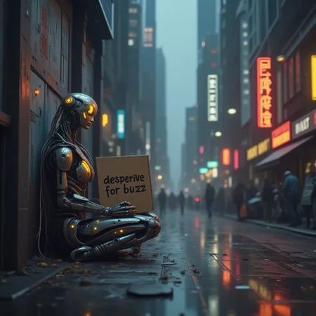 (Masterpiece:1.4), (best quality:1.2), (vivid colors), cyberpunk, cyberpunk style, shadowed lighting, dull color, digital art, gray and matte colors, selective brightness, easynegative, neon lights, rainy city streets, view down a dirty street, trash, humanoid robot sitting  on the ground against a wall holding cardboard sign says: "desperate for buzz", dirty, sparking, scarred exterior, Post apocalyptic, Android, Futuristic image, Cyberpunk city