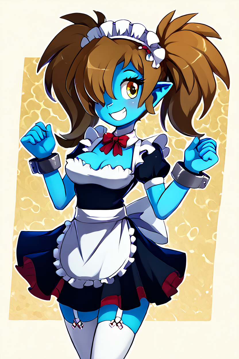 score_9, score_8_up, score_8, medium breasts, (curvy), cute, eyelashes,       BREAK, , maid (disgaea), maid headdress, 1girl, zombie, black skirt, blue skin, brown hair, colored skin, detached collar, hair over one eye, long hair, pointy ears, twintails, white thighhighs, wrist cuffs, yellow eyes, ,   <lora:Harada_Takehito_PDXL_v4:1.0>,, BREAK, smile, looking at viewer,  abstract background, white outline, cowboy shot, embedding:zPDXL, Expressiveh, <lora:theOtherHalfPDXL:0.8>,  <lora:CatalystStylePDXL:0.6>,  <lora:SDXLFaeTastic2400:0.5>,  <lora:Expressive_H-000001:0.4>,, <lora:theButcherXPDXL:1.0>,
