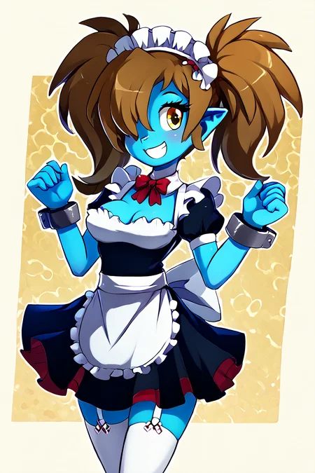 score_9, score_8_up, score_8, medium breasts, (curvy), cute, eyelashes, BREAK, , maid (disgaea), maid headdress, 1girl, zombie, black skirt, blue skin, brown hair, colored skin, detached collar, hair over one eye, long hair, pointy ears, twintails, white thighhighs, wrist cuffs, yellow eyes, , <lora:Harada_Takehito_PDXL_v4:1.0>,, BREAK, smile, looking at viewer, abstract background, white outline, cowboy shot, embedding:zPDXL, Expressiveh, <lora:theOtherHalfPDXL:0.8>, <lora:CatalystStylePDXL:0.6>, <lora:SDXLFaeTastic2400:0.5>, <lora:Expressive_H-000001:0.4>,, <lora:theButcherXPDXL:1.0>,