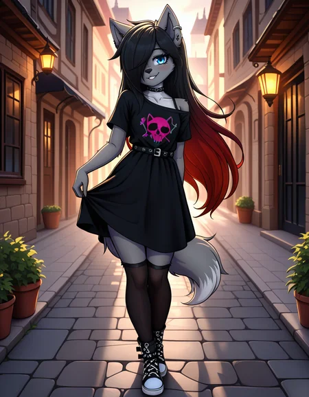 masterpiece, best quality, very aesthetic, absurdres,
outdoors,
full body, body, standing, posing,
goth fashion,
seductive smile, parted lips, long eyelashes,
<lora:Kayla_Kitsune_v01_NAIXL:1>
K41l4,1girl,solo,furry,furry female,long hair,multicolored hair,black hair,red hair,gradient hair,hair over one eye,animal ears,earrings,blue eyes,freckles,snout,animal nose,choker,body fur,wolf tail,