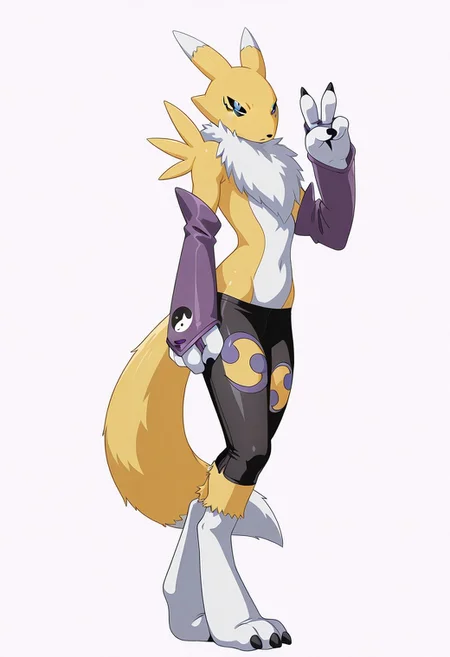 solo, ((half leggings)), full body, renamon, blank background, peace sign