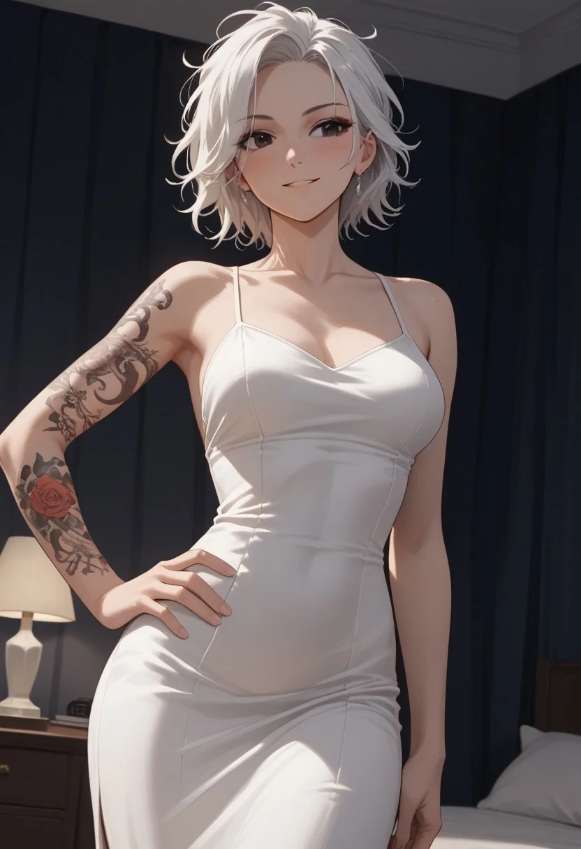 score_9, score_8_up, score_7_up, 26 years old,, zPDXL3, 1girl, solo, medium breasts, white hair,
(face focus:1.2), eyeshadow, tattoo on arm,,
black eyes, medium hair, messy hair, dutch angle, blush, looking away, hand on hip, white dress, evening dress, (smile:0.9),
indoors, wardrobe, standing, night, relaxed, bedroom