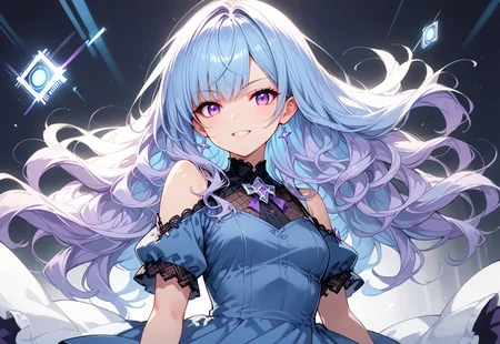 score_9, score_8_up, score_7_up, score_6_up, score_5_up, score_4_up, source_anime, solo, flat color, dark theme, 1girl, babblty, purple eye, long blue hair, wavy hair, blue to purple gradient, blue dress, dynamic pose, looking at viewer, MythAn1m3, waist-high art, cyberspace behind me, lots of holograms