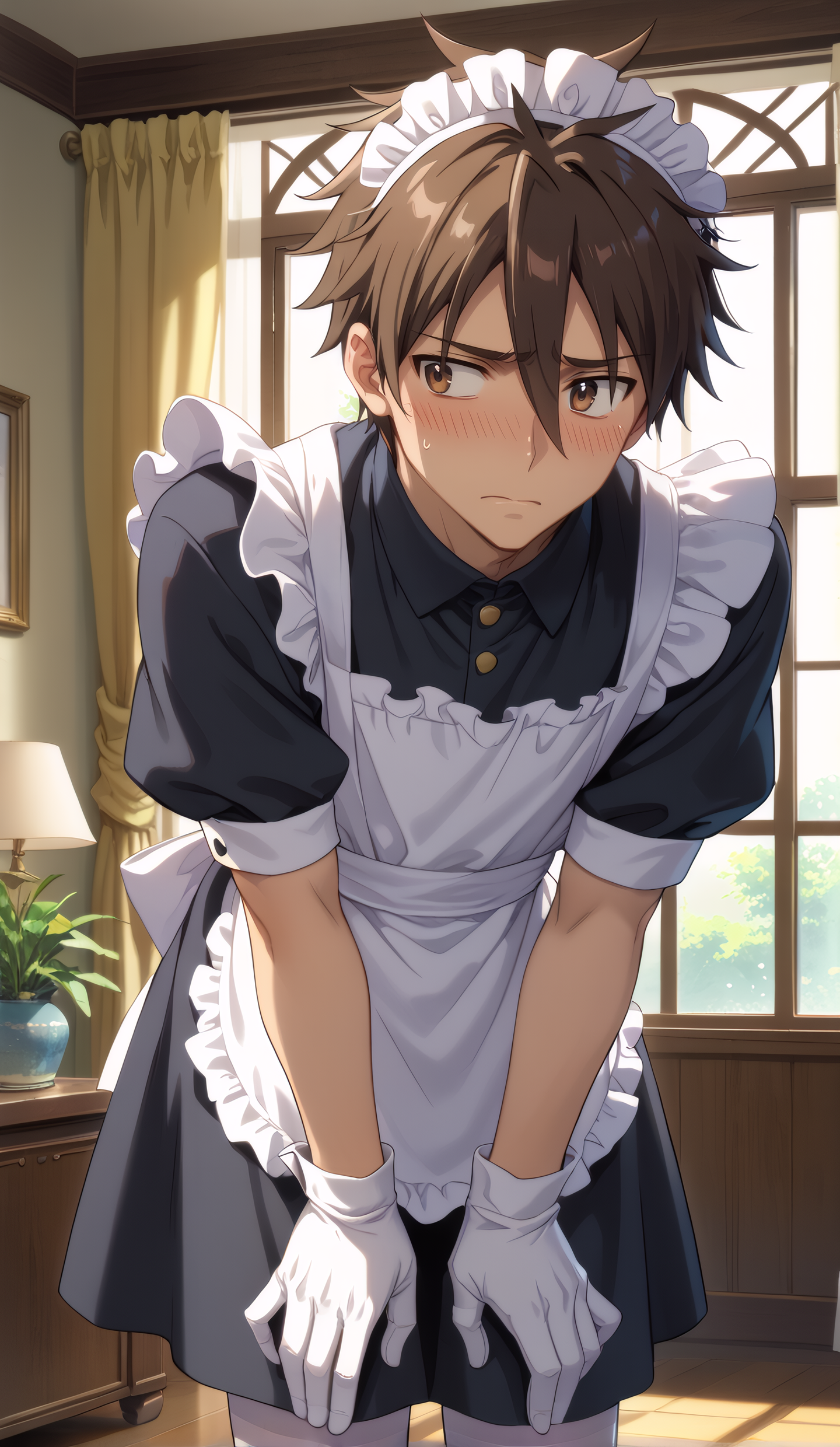 score_9, score_8_up, score_7_up, mature male, looking to the side, cowboy shot, 
<lora:Takashi_Komuro_Dwnsty:0.8>, takashi_komuro, brown hair, brown eyes, hair between eyes,maid headdress, maid apron, male maid, black dress, white gloves, elbow gloves, white thighhighs, 
embarrassed, blush, apologizing, leaning forward, bent over, hands on own legs, 
indoors, living room, window,