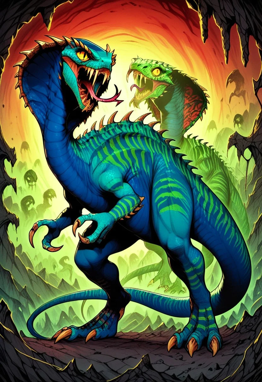 DonMC0m1cM4g1cXL, (dark, fantasy, magical, eerie) score_9, score_8_up, score_7_up, score_6_up, Vertigo_Primal, cobra, dinosaur, monster, colored sclera, reptile eyes, yellow eyes, blue skin, green stripes, stinger tail, spikes, claws, fangs, forked tongue