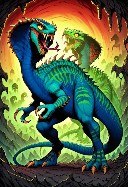 DonMC0m1cM4g1cXL, (dark, fantasy, magical, eerie) score_9, score_8_up, score_7_up, score_6_up, Vertigo_Primal, cobra, dinosaur, monster, colored sclera, reptile eyes, yellow eyes, blue skin, green stripes, stinger tail, spikes, claws, fangs, forked tongue