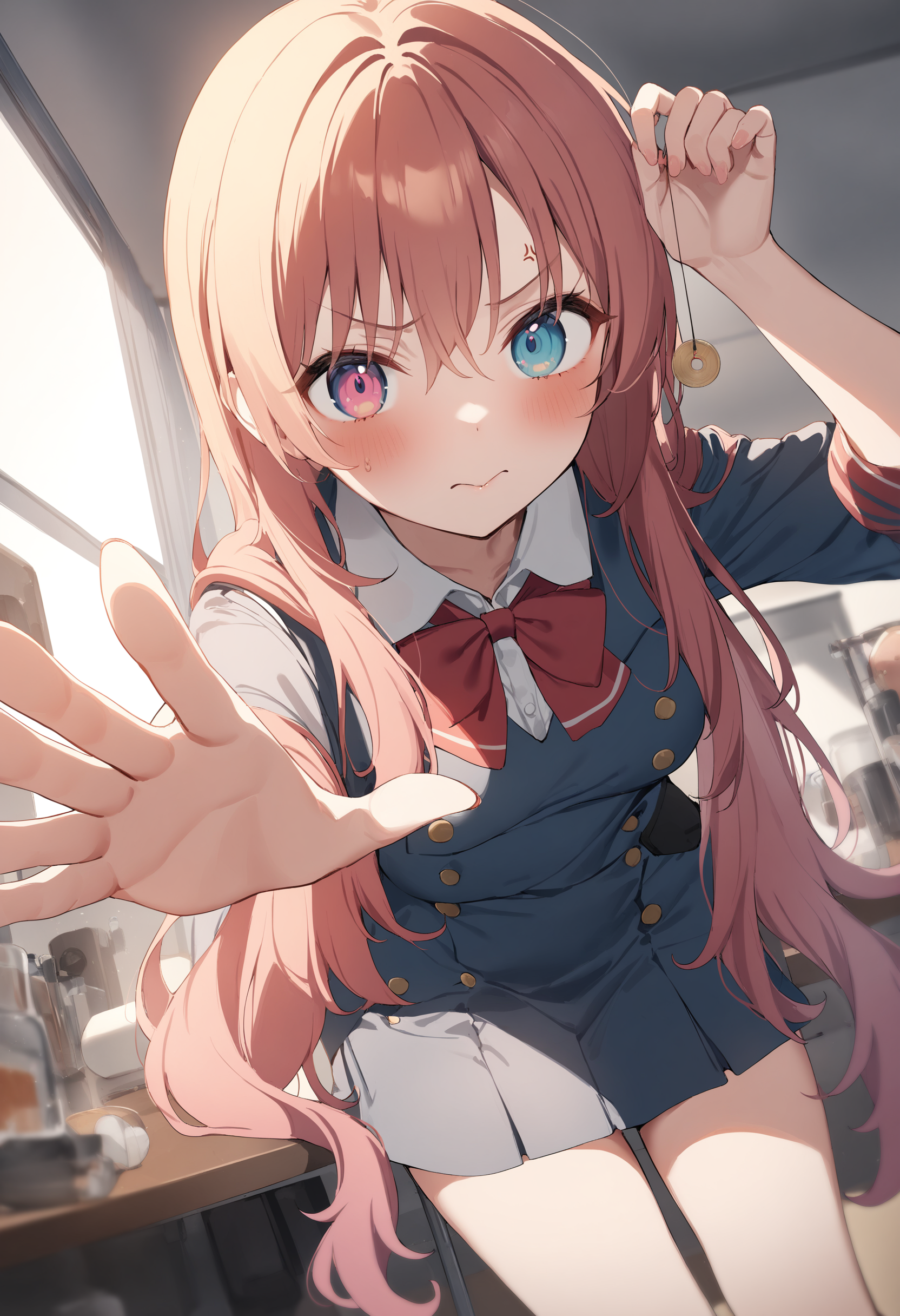 1girl,sincos, ningen mame, toosaka asagi,solo,medium breasts,school uniform,
hypnosis, mind control,looking at viewer,  hand up, coin on string, <lora:hypnosis_XL_v1:0.7>
fisheye lens, orange hair, pink eyes,anger vein, science lab, closed mouth, low twintails hair,
best quality, very aesthetic, absurdres