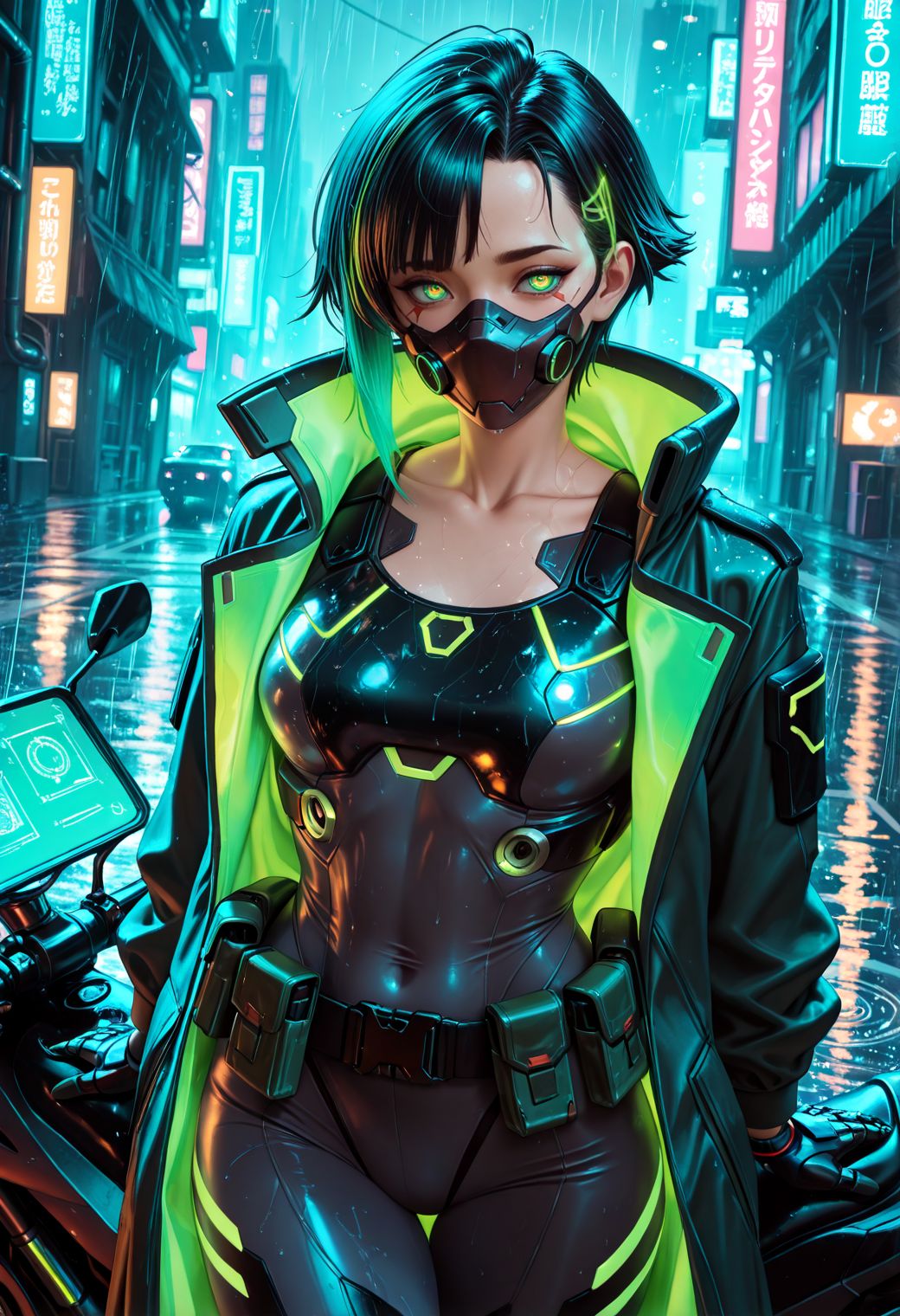 SmoothNoob_Quality,  1girl, solo, rugged appearance, short dark hair, glowing green highlights, cybernetic eye glowing bright green, sharp facial features, defined cheekbones, collarbone, toned body, athletic build, (tattered long coat), neon green trim, fitted black tactical armor, glowing green accents, high-tech face mask, cybernetic mechanical arm, holographic interface, futuristic utility belt, dynamic angle, close-up shot, face focus, dynamic pose, leaning back on a futuristic cyberpunk motorbike, gazing forward, focused expression, outdoors, standing on a rain-slick cyberpunk street, illuminated by vibrant neon signs and holographic advertisements, (rain falling), reflective puddles, futuristic urban background, glowing mist from manholes, detailed background, cinematic atmosphere