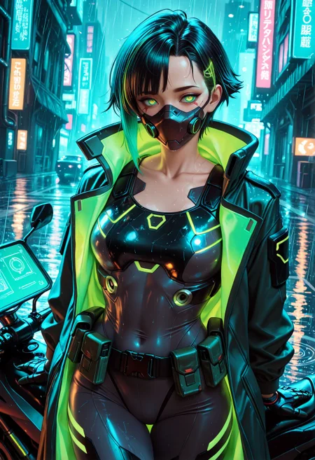 SmoothNoob_Quality,  1girl, solo, rugged appearance, short dark hair, glowing green highlights, cybernetic eye glowing bright green, sharp facial features, defined cheekbones, collarbone, toned body, athletic build, (tattered long coat), neon green trim, fitted black tactical armor, glowing green accents, high-tech face mask, cybernetic mechanical arm, holographic interface, futuristic utility belt, dynamic angle, close-up shot, face focus, dynamic pose, leaning back on a futuristic cyberpunk motorbike, gazing forward, focused expression, outdoors, standing on a rain-slick cyberpunk street, illuminated by vibrant neon signs and holographic advertisements, (rain falling), reflective puddles, futuristic urban background, glowing mist from manholes, detailed background, cinematic atmosphere