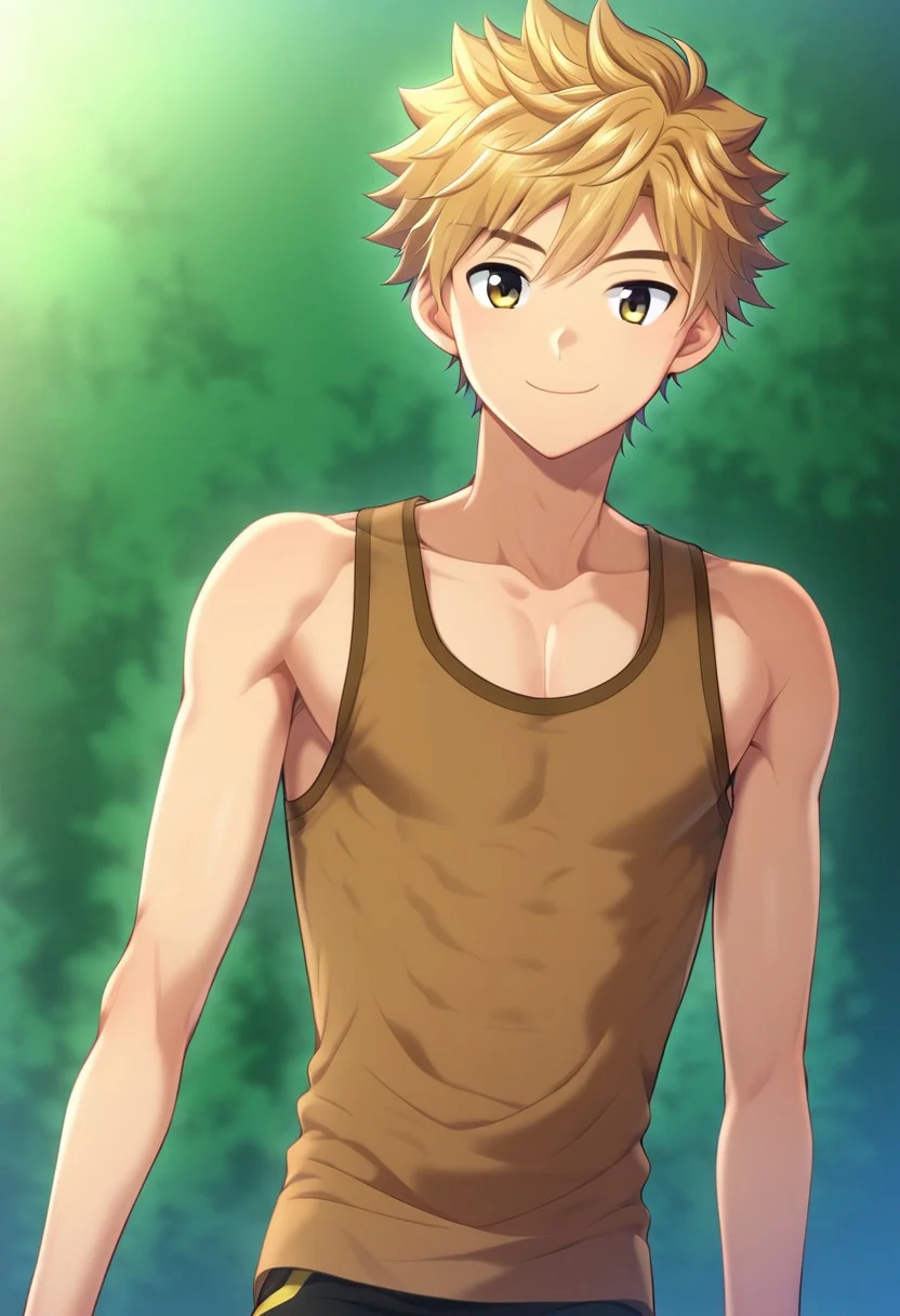 hikarishi_kenji, blond hair, short hair, bangs, 1boy, (solo:1.20), solo focus, character with (athletic body:1.1), (balanced:1.2), 1boy, solo, solo focus, brown tank top, wear black trunk, smile, proportional body, strong lower body
