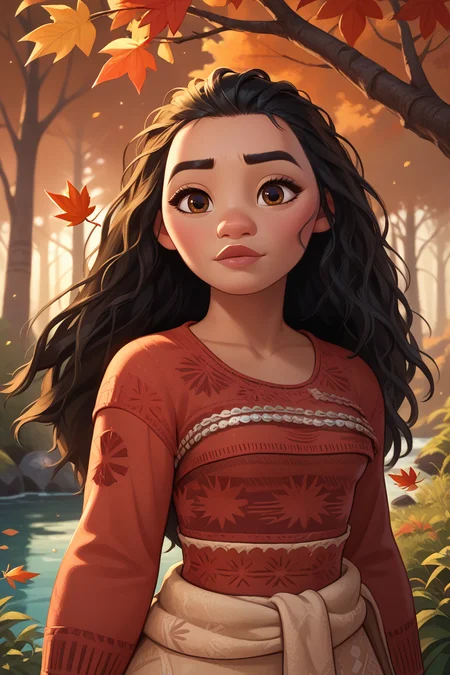 score_9, score_8_up, score_7_up,
<lora:DMoana:0.8>
DMoana, 1girl, black hair, long hair, brown eyes, looking at viewer, autumn forest with falling leaves in the background, warm earthy tones, cozy and nostalgic feel