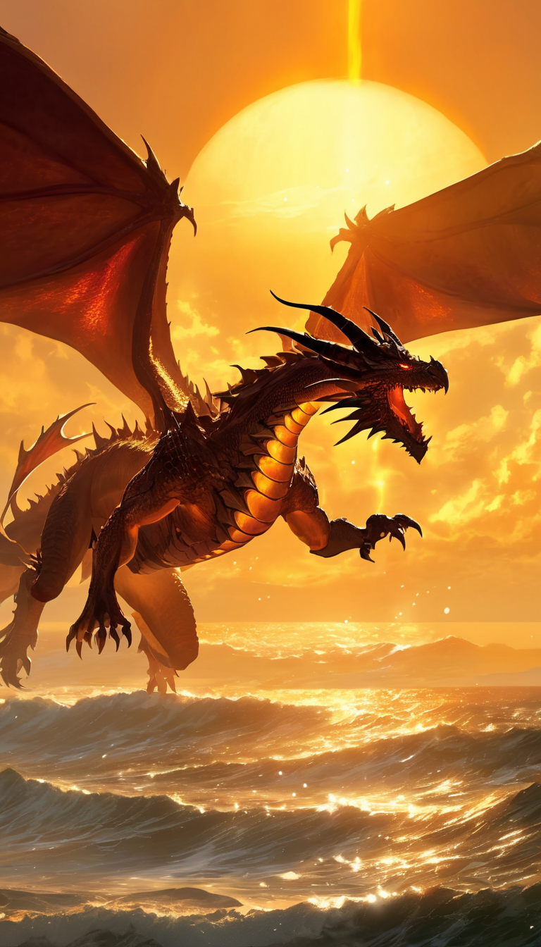 Cinematic scene, a dragon soars through the sky, its wings beating against the air as it soars over a vast ocean. The sun sets behind it, casting a golden glow over everything in its path, masterpiece, best quality, high quality, absurdres, vivid, guild wars 2 <lora:guild_wars_xl_v3:1>
