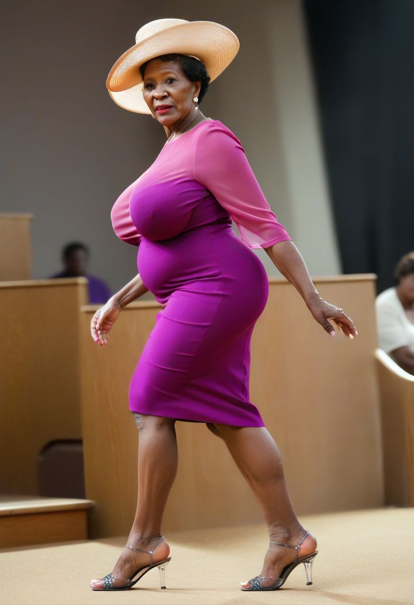 (Full body photo woman is visible from head to toe in her dress and high heels:1.4),photography, color, (Uganda female), (60 years old (grandmother:0.7):1.6),with short hair  ((wearing church blouse with church hat:1.6)) and (very high  platform heels) (((strutting  (under mind-control:2.5)on her tippy toes  in full view inside  (megachurch stage :2.0)))),(large diamond satanic spiral pendant:1.5)
 (her deeply pigmented ebony skin), (big hard nipples), (the largest macromastia tits), (extremely colossal boobs:2.6), (ultra busty hyper bimbo), (flawless boobs), (oiled nipples), (giant large dark areolas), (giant large black areolas), (very large and round areolas ), (giant areolas completely covering the breasts), (stiff long nipples), (saggy tits), (color photo), realistic, big areolas, giant boobs, (breast expansion),
break (9-inch high semi transparent open-toe high heels:2.6) (1990s's( megachurch stage ):2.0) (big wide ass)